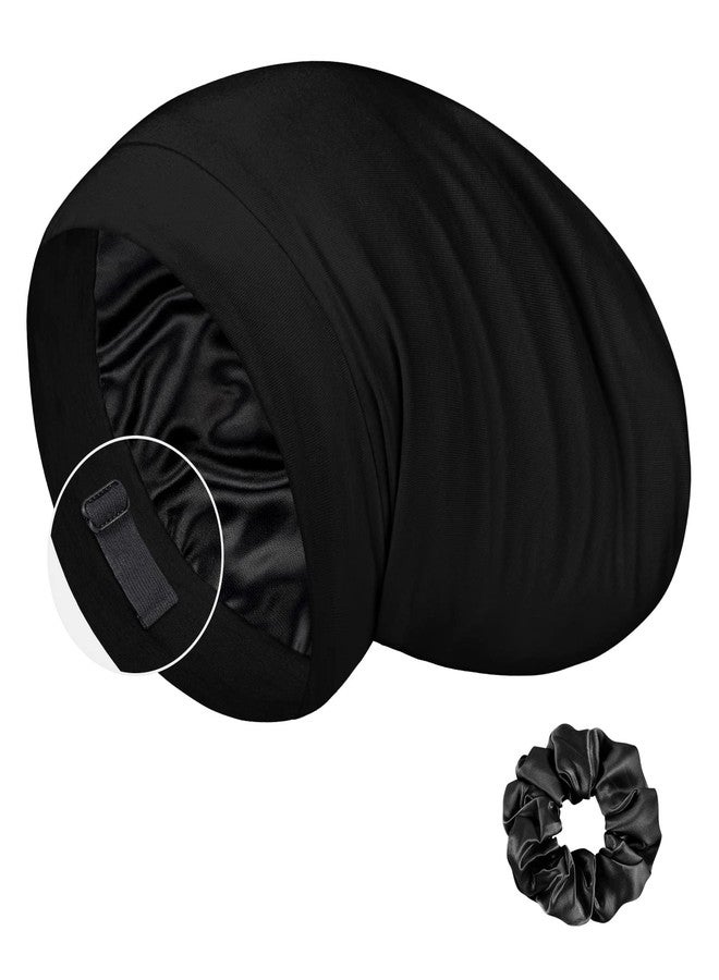 LULUSILK Mulberry Silk Bonnet for Sleeping Women, Real Silk Sleep Cap for Curly Hair and Braids, Pure Silk Head Wrap with Scrunchies, Black - Image 1